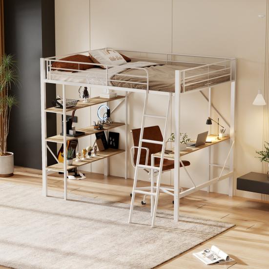 Metal Bed Strong Carrying Capacity with Computer Desk Storage Shelves Ladder Iron Frame Children Bunk Fall Protection Grilles Home Furniture Loft