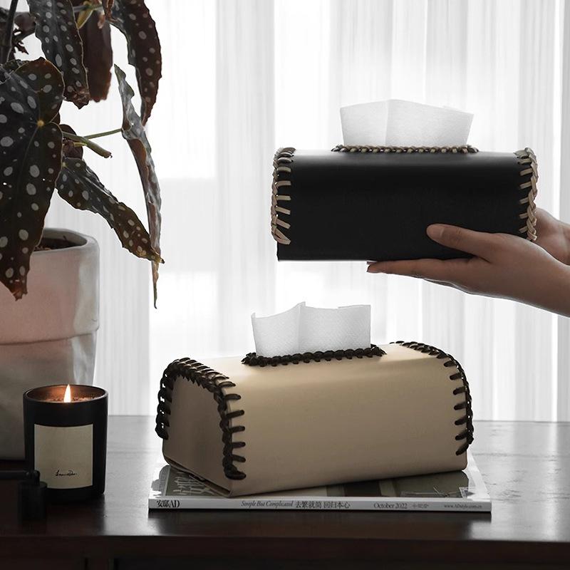 Leather Tissue Box Color-blocked Thread Weaving Two-color Home Napkin Holder Paper Towel Holder Organizadores Home Decoraction