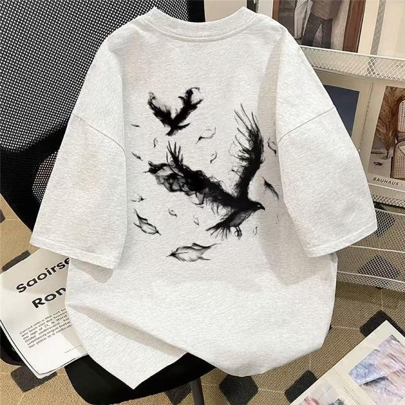 

Women s Vintage Eagle Print Oversized T-Shirt Casual Loose Short Sleeve Top Blend Tee For Summer L серый ясень