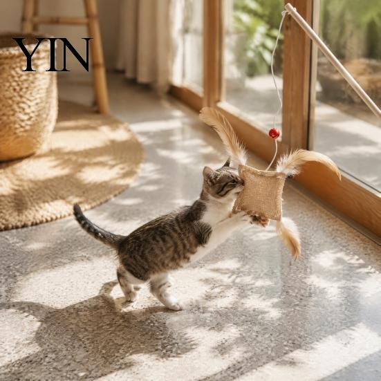 Natural Linen Hunting Toy Cat Wand with Bag, Interactive Bell, Handheld Interaction Stick Wooden Handle Feather for Indoor Cats Scratching Chasing
