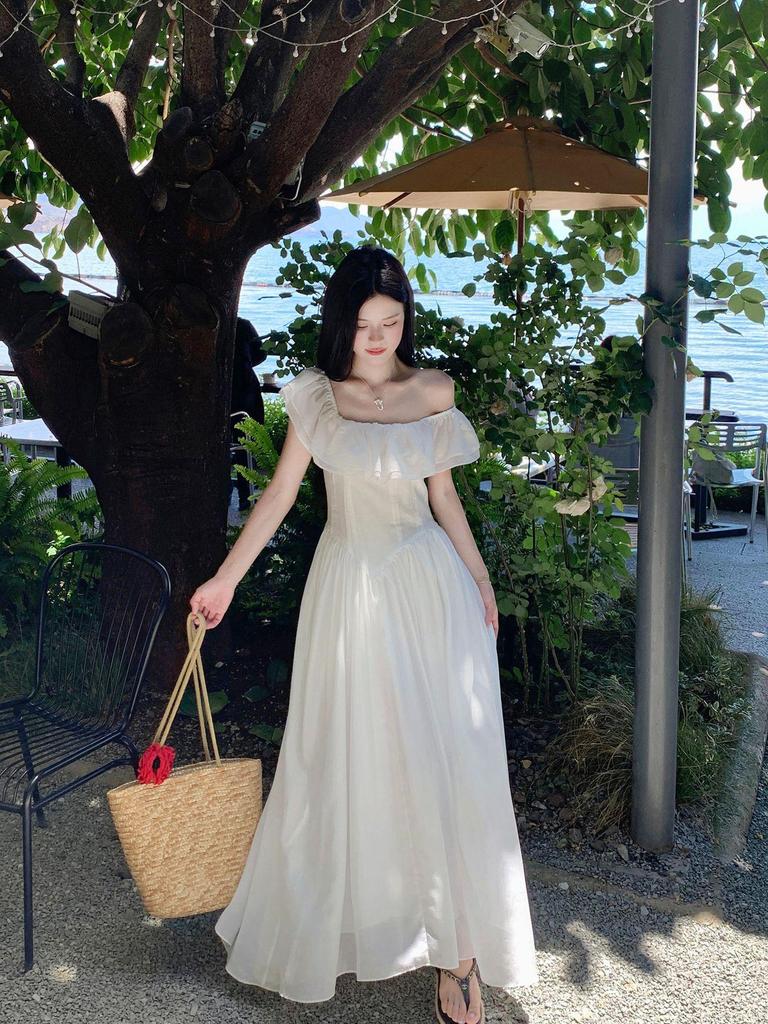 Elegant French Ruffle One-Shoulder Summer Dress 2026 - Women's Beautiful Niche Long Design