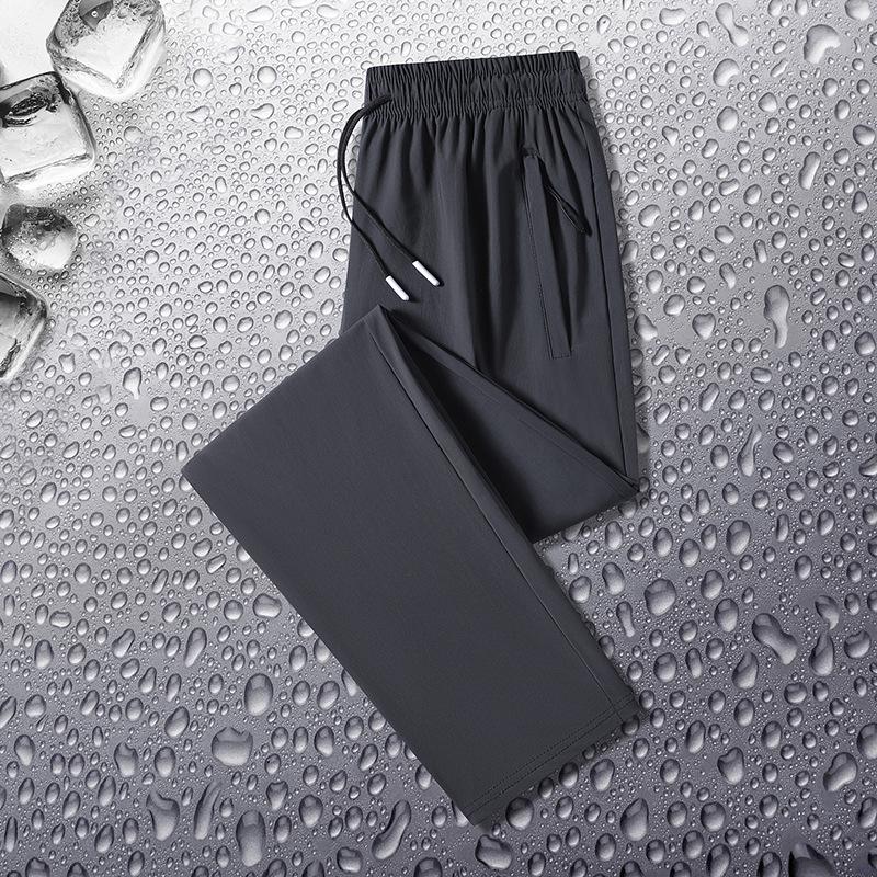 Herrenschwarze Eisenseide Gerade Bein Freizeithose Mit Kordelzug Taille