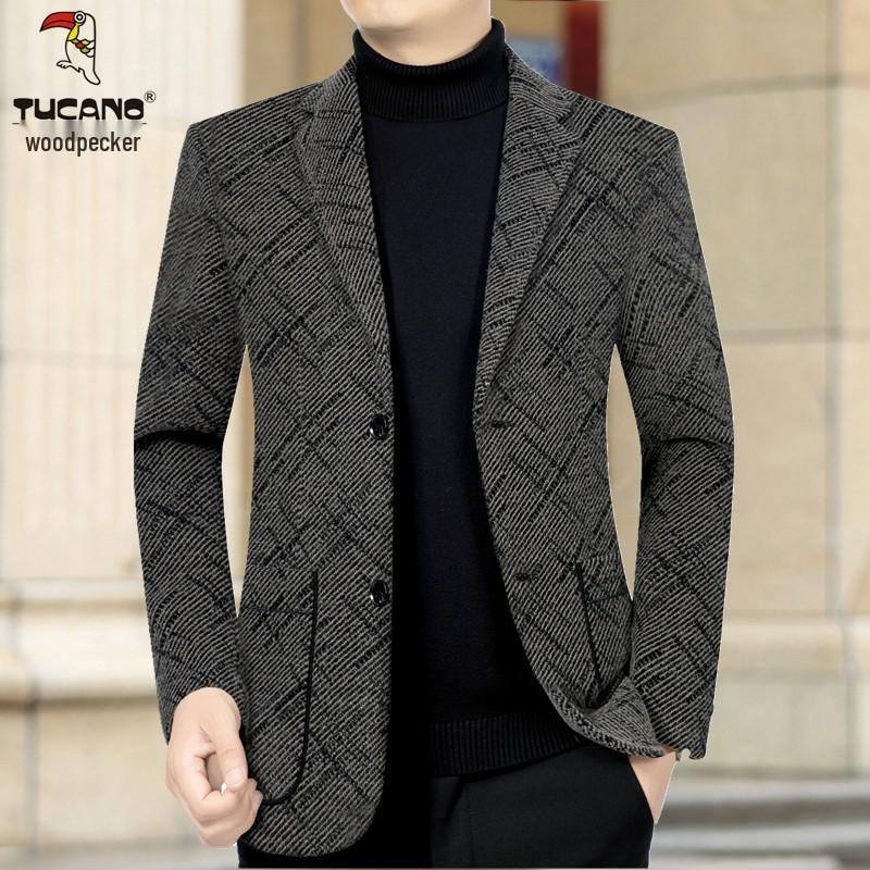 Woodpecker Men's Cashmere Wool Suit - Plush, Thickened Winter Wear for Middle-Aged & Casual Dad Style.