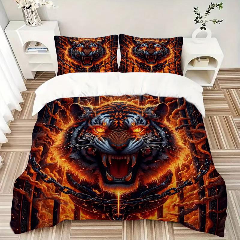 3-teiliges Steppdecken-Set mit flammendem Tiger-Design, Cartoon-Thema, Bettdecken-Set, niedliches Charakter-Schlafzimmer-Dekor, Bettdecken-Set für vier Jahreszeiten (1 Bettbezug + 2 Kissenbezüge