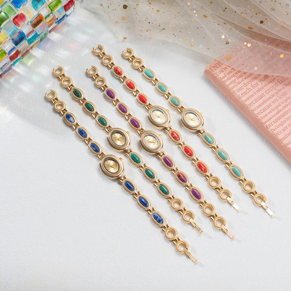 Damen Vintage Uhr mit farbigen Edelsteinen Schmuck Armband Armbanduhr