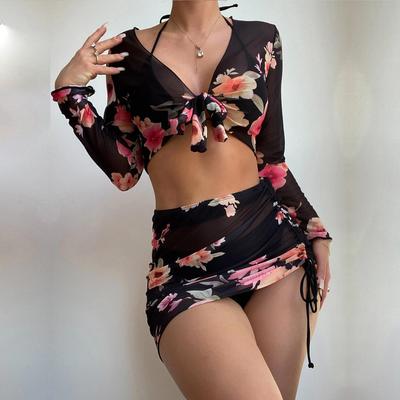 Swimsuit Women's Split Three Four Piece Set Printed Drawstring Lace Up Long Sleeve Floral Bikini Suits