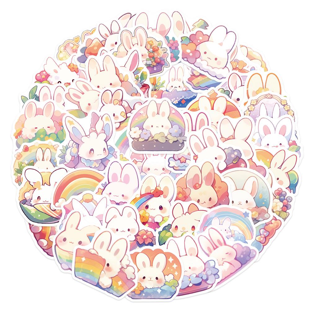 50 Cartoon Rainbow Rabbit Stickers for Suitcases, Diaries, Phone Cases, and DIY Decorations.