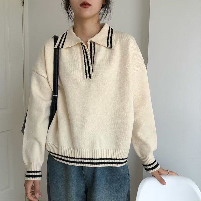 Hong Kong flavor college style polo collar contrasting color knitted sweater women's design sense niche loose and versatile