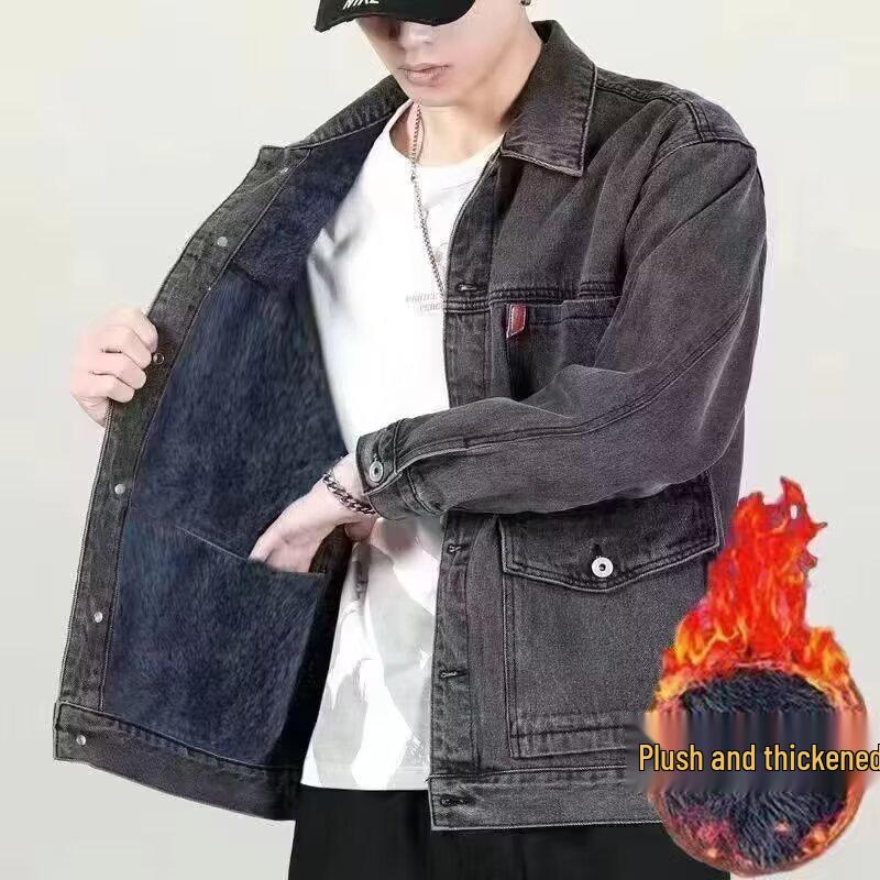 Men's Wear-Resistant Plus Velvet Denim Jacket: Autumn & Winter, Heavyweight, Dirt-Resistant, Loose, Versatile, Casual, American Trend.