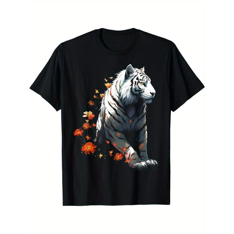 

European sizes Men s Black Japanese Tiger & Autumn Leaves T-Shirt - Retro Samurai Graphic Tee, Relaxed Fit Short Sleeve Crew Neck 4XL чорний