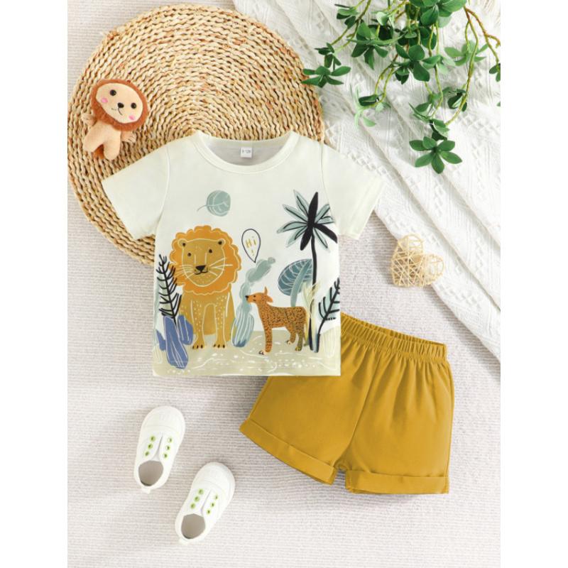 Conjunto de dos piezas para niños de verano con estampado de animales lindos + Pantalones cortos de color liso