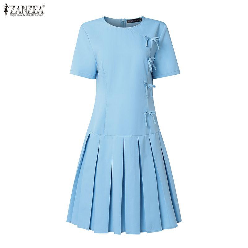 ZANZEA Women Casual Round Neck Solid Color Short Sleeve Dress