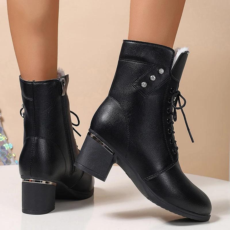 Winter Warm Plush Ankle Boots Women Fashion Crystal Chunky High Heels Booties Women Zipper Lace Up Faux Leather Botas Mujer