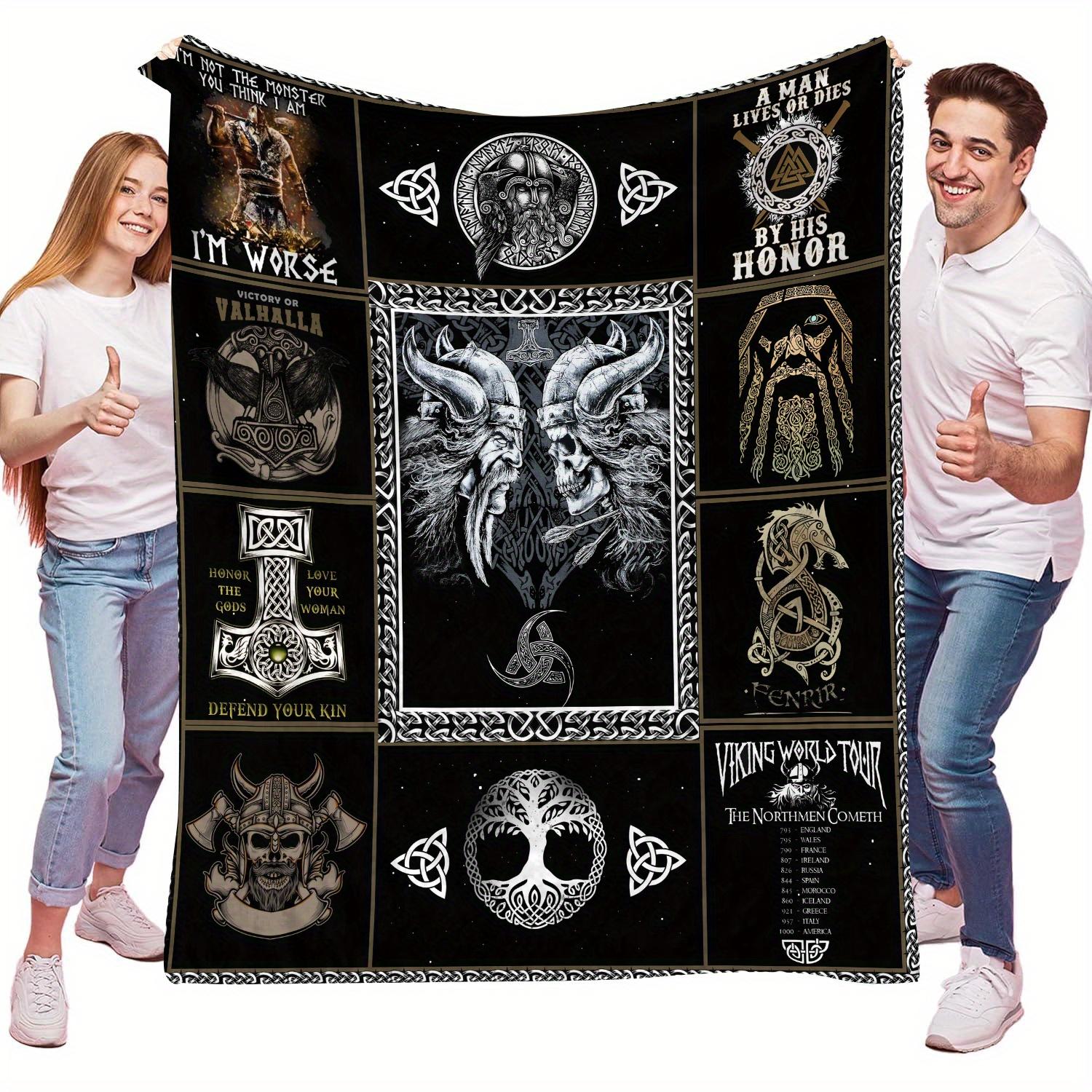 

Viking Warrior Symbols Quilted Blanket - Black and White Norse Mythology Design, Soft Cozy Throw for Bedroom Decor 75x90cm