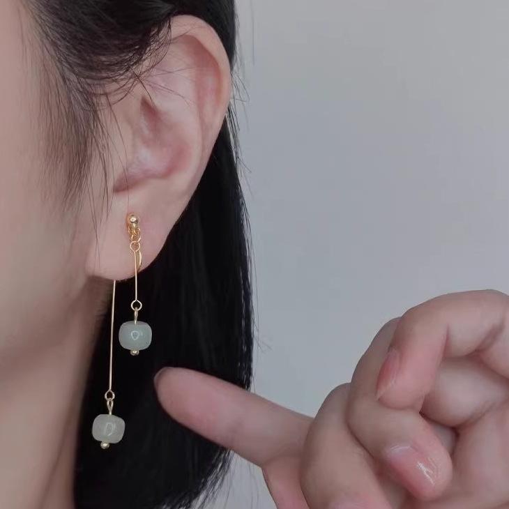 Elegant Retro Chinese Faux Hetian Jade Tassel Earrings for Non-Pierced Ears