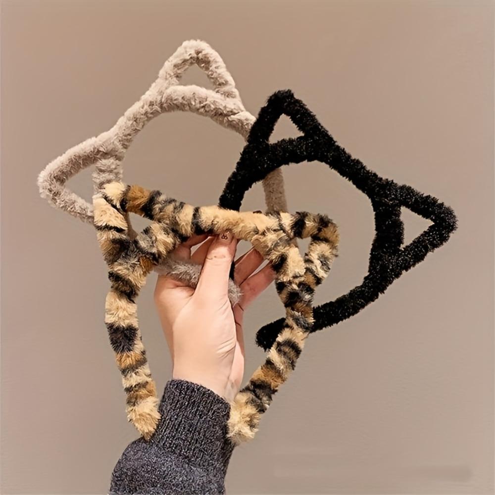5Pcs Leopard Print Plush Cat Ear Headbands, A Cute Retro-Style Hair Accessory For Women, Suitable For Makeup, Face Washing, And Outdoor Use