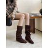 Vintage Pleated Pile Boots Pointed Invisible Inner Heightening Western Cowboy Boots Medium Boots Suede Maillard Boots Women