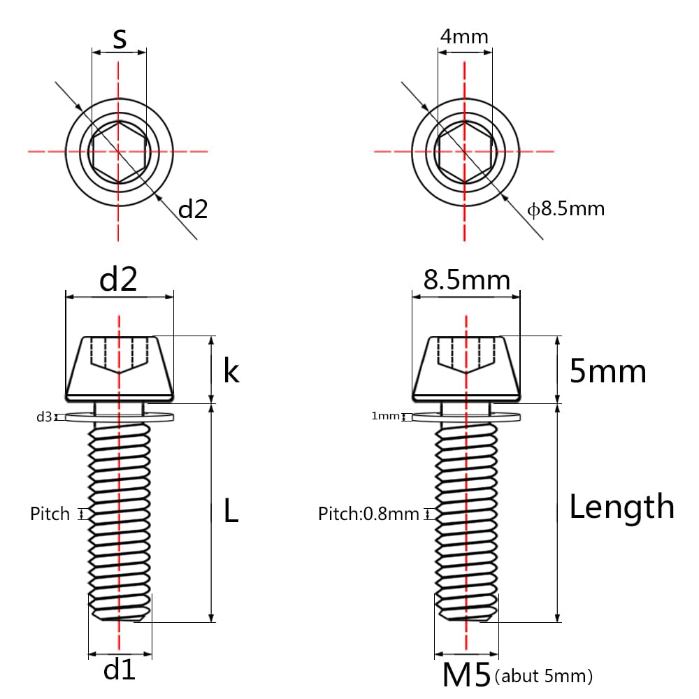 Titanium M5x20mm with Washer Allen Hex Tapered Bolts Screw for Bicycle Stem Pack of 6 (Colorful)
