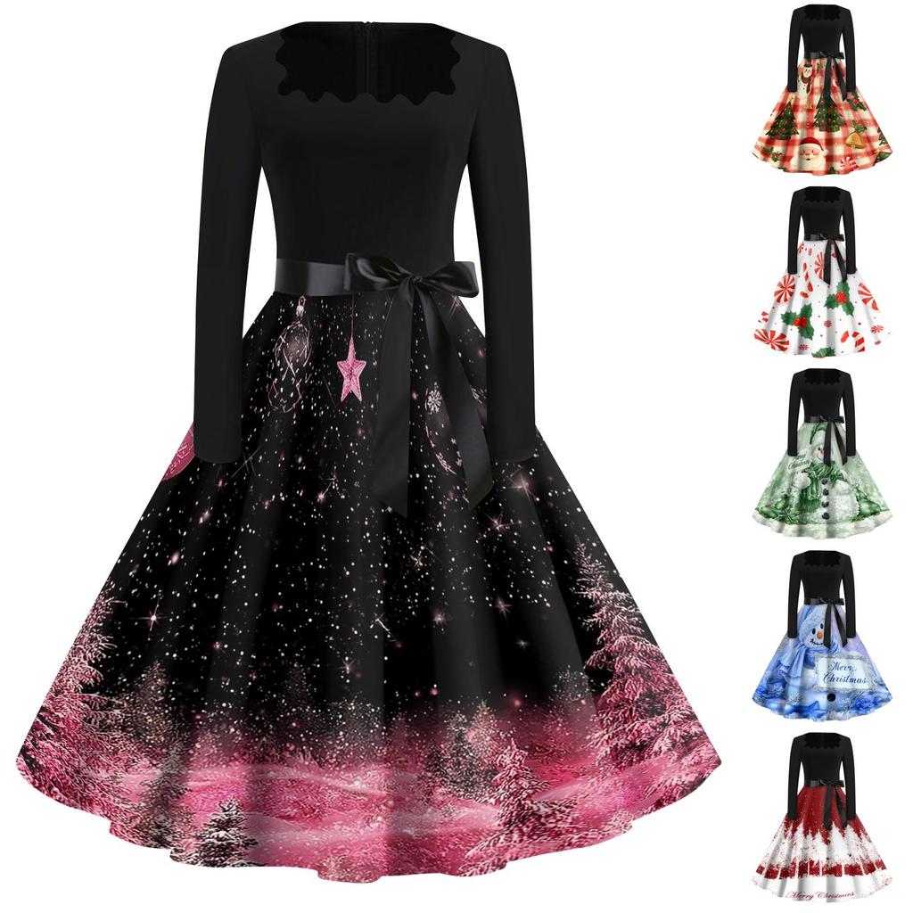 Women's Casual Retro Square Neck Dress with Halloween Print for Party and Daily Wear