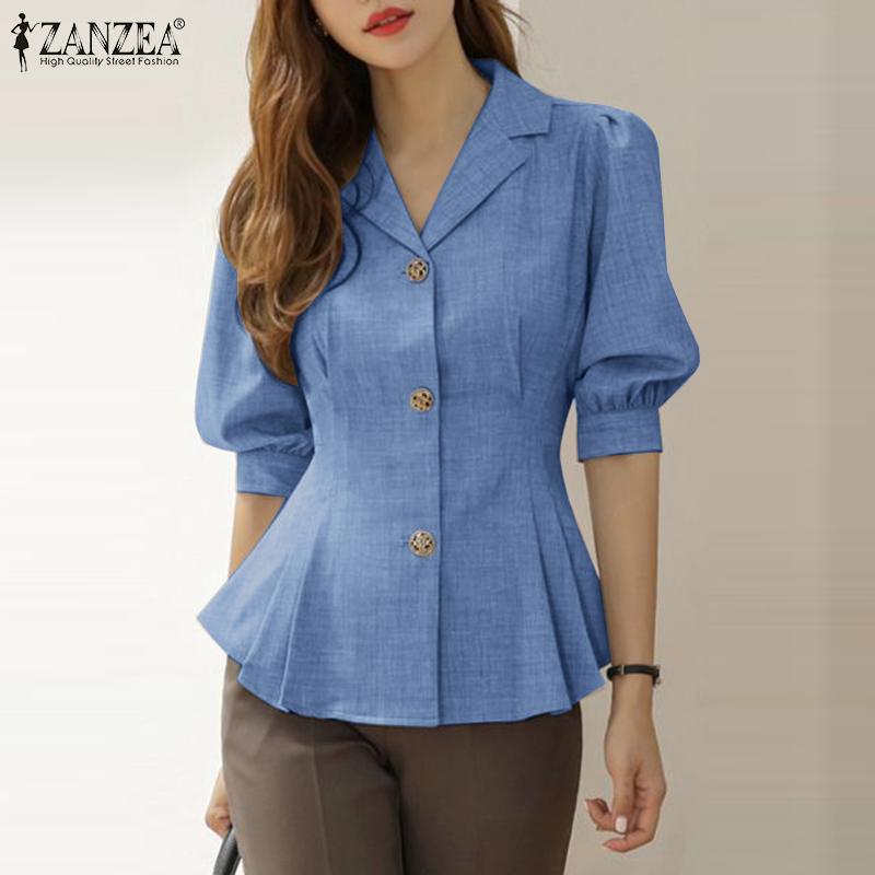

ZANZEA Горячая повседневная тонкая блузка с короткими рукавами и отложным воротником, летняя