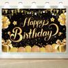Of Elegant Happy Birthday Anniversary Banner, Hard-wearing Polyester, Gold & Black Theme with Balloons, Stars, Champagne Motif, Perfect for Party,