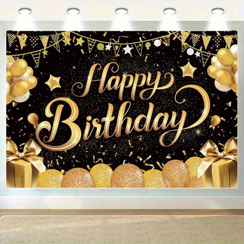 Of Elegant Happy Birthday Anniversary Banner, Hard-wearing Polyester, Gold & Black Theme with Balloons, Stars, Champagne Motif, Perfect for Party,