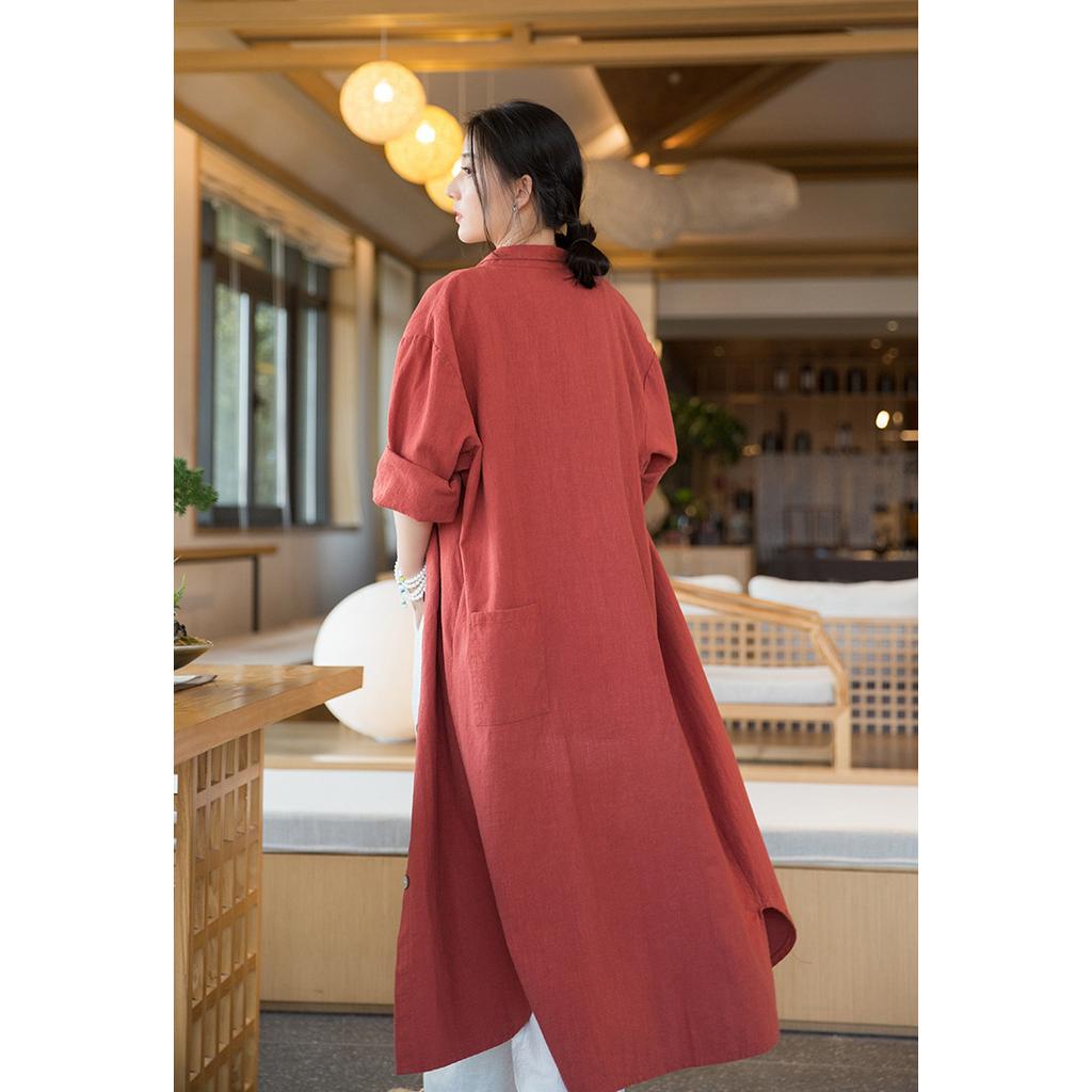 Women Vintage Linen Long Shirts Solid Color Long Sleeve Blouses Spring Summer Button Turn-down Collar Shirt