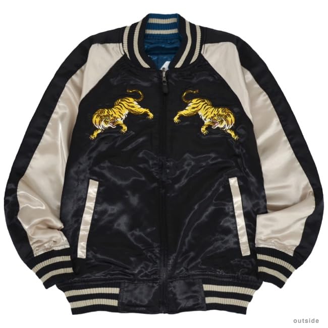 [Yoshida Yu] Reversible Sukajan Jacket, 2-Way Japanese Tiger Embroidery Long Sleeve Souvenir Bomber Outerwear, Black, size L
