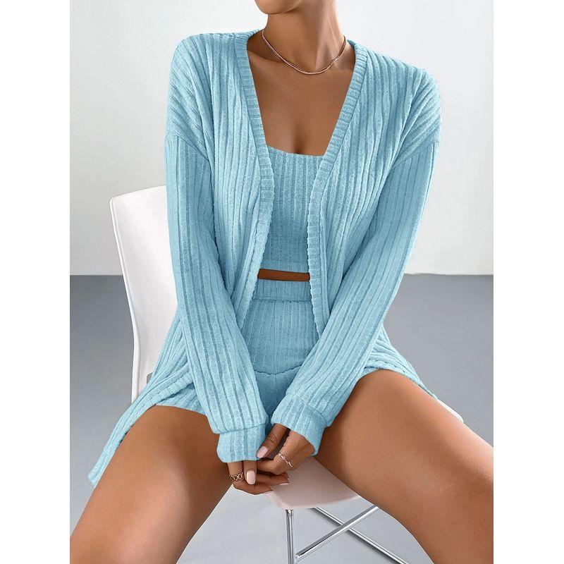 

Fashion Brushed Sunken Stripe Women s Pajamas Long Sleeves Outwear Tube Top Shorts Three-Piece Set Can Be Outerwear Homewear Women s Autumn Blue L