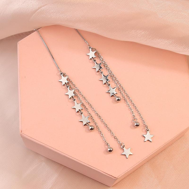 Cercei lungi cu meteoriți pentru femei, cercei simpli cu temperament, cercei pentru studente, mărgele rotunde mici și proaspete, cercei cu stea și franjuri.