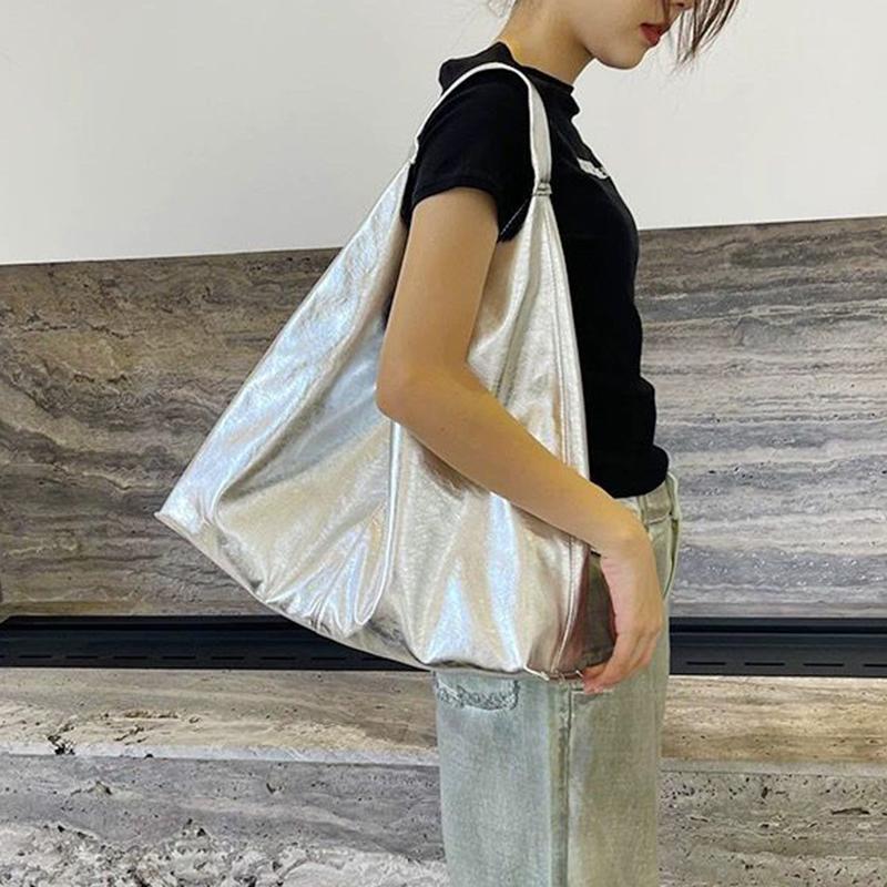 Large Capacity Silver Bags for Women and Designer Luxury Brand Shoulder Shopping Handbags  New In Soft Tote PU Leather