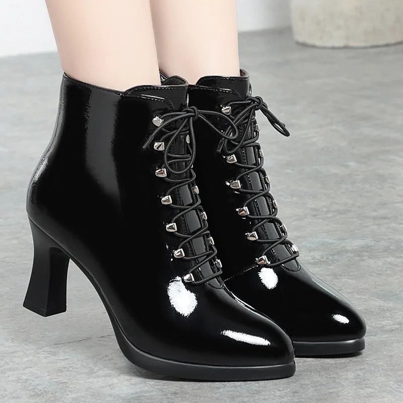 

Women Ankle Boots British Style Thick Heel Shoes Fashion Lace Up Autumn and Winter Keep Warm Pointed Tip for Office 40