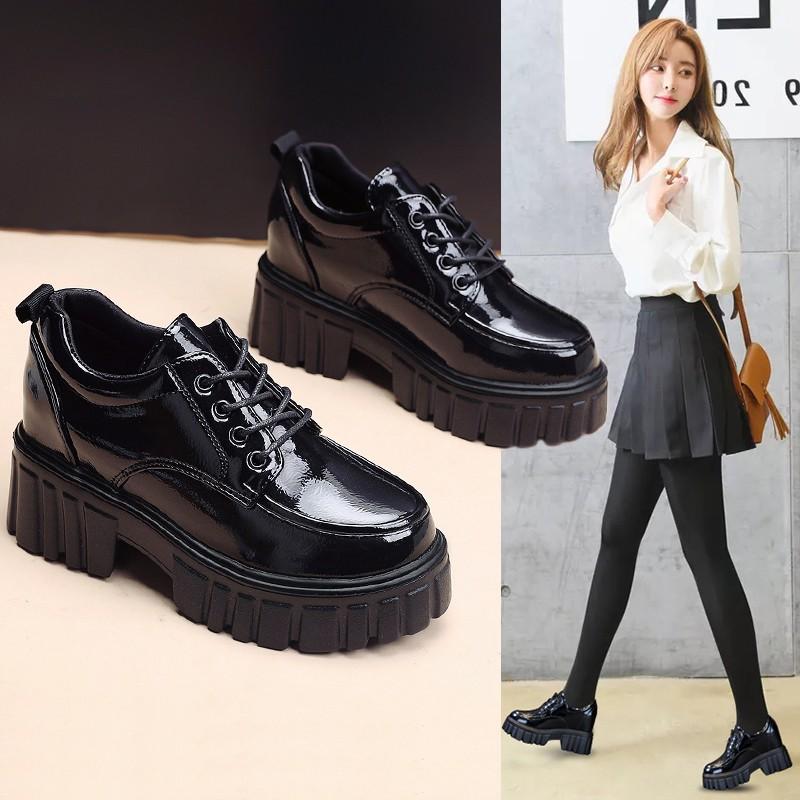 Pantofi mici din piele cu talpă groasă în stil britanic, cu înălțime interioară crescută, pentru femei, versatili, cu toc înalt gros, pantofi jk de primăvară și toamnă, pantofi de modă