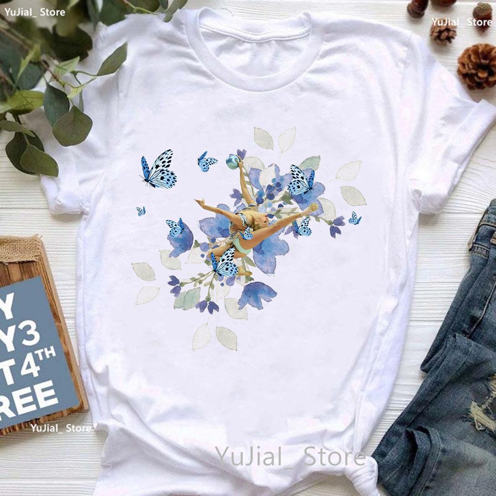Rainbow Ballet Dancer Print T Shirt Girls Gymnast Lover Tshirt Unisex Watercolor Flowers Tshirt Femme Summer Short Sleeve Tops