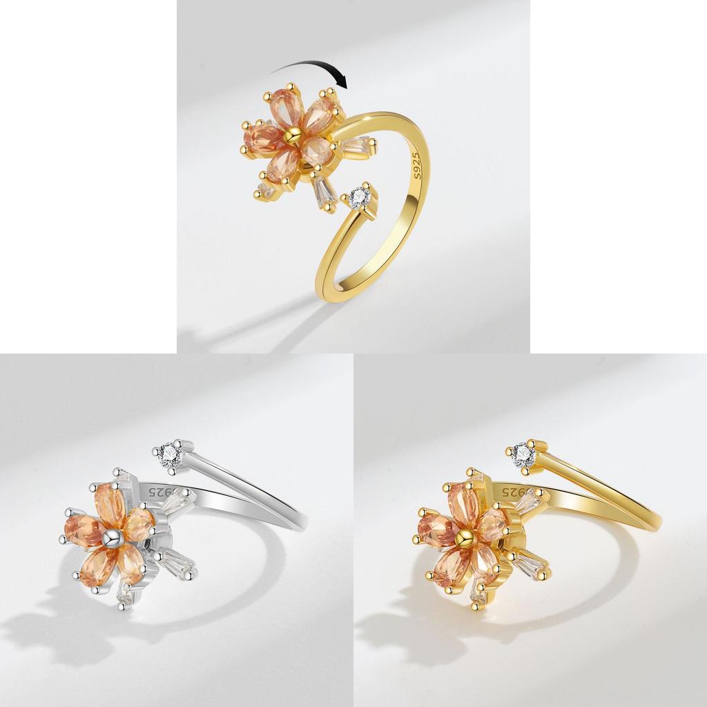 Flower Zirconia Rotating Ring With Adjustable Size For Stress Relief And Trendy Women