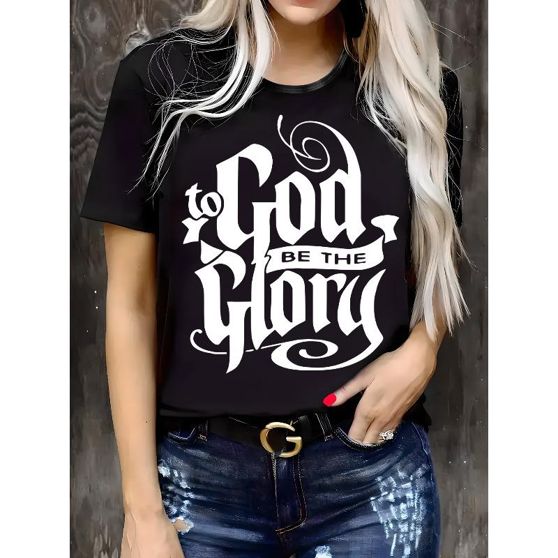

Plus Size Women s To God Be The Glory Geometric Print T-Shirt Stretchy Round Neck Short Sleeve Casual Spring Summer Comfort Top S чёрный