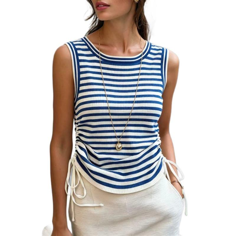 Women Striped Round Neck Drawstring Waist Slim Fit Sleeveless Tank Top Casual Commuter