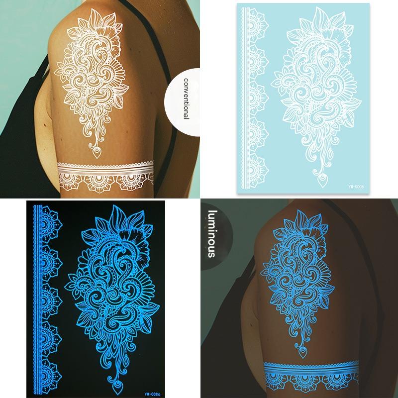 6 Sets Glow In The Dark Lace Temporary Tattoos Waterproof Fake Tattoo for Festival Party Henna Style Arm Leg Decoration
