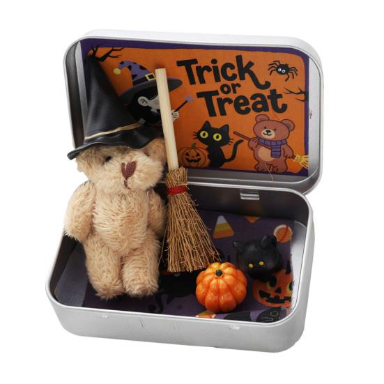 Halloween Bear In A Box Handmade Cute Witch Bear In A Tin for Trick or Treat Miniature Plush Bear with Broom Pumpkin Cat Halloween Party Gift