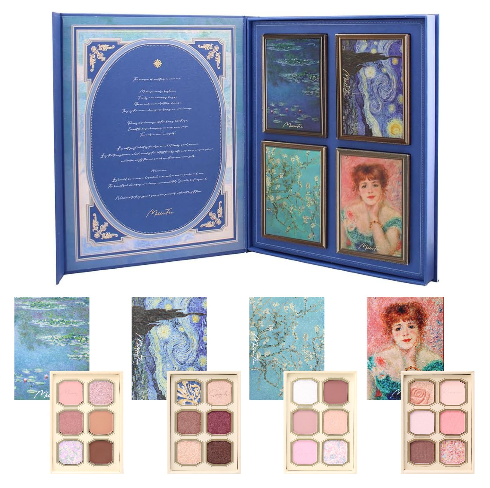 MilleFee Painting Eyeshadow Set - Cool Tone Colors - 4-Piece Set with Box - Gift Set - Cool Tone Eyeshadow Palette - Paintings of Van Gogh, Monet,