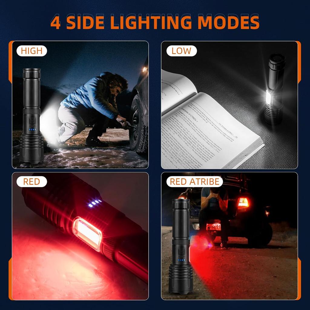 Rechargeable LED Flashlights High Lumens, 900,000 Lumens Super Bright Tactical Flashlight, 7 Modes with Cob Work Light, IPX7 Waterproof, Powerful