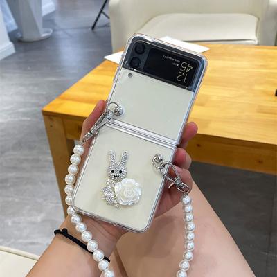 Fundas de Teléfono de Conejo con Pedrería Para Samsung Galaxy Zflip 3 5g Moda Nicho Cadena de Perlas Funda Para Galaxy Zflip Z Flip 4 Capa