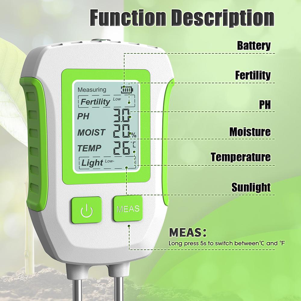 Handheld 3/5 In 1 Soil Tester LCD Display Soil Analyzer PH/Temperature/Moisture/Sunlight/Fertility Meter for Flower Plants