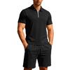 Summer Men Jacquard Textured Matching Set Half Zip Collar Polo Short Sleeve Top Drawstring Waist Shorts Golf Beach Two Piece Tracksuit