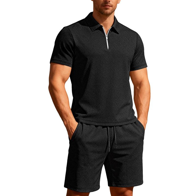 Summer Men Jacquard Textured Matching Set Half Zip Collar Polo Short Sleeve Top Drawstring Waist Shorts Golf Beach Two Piece Tracksuit