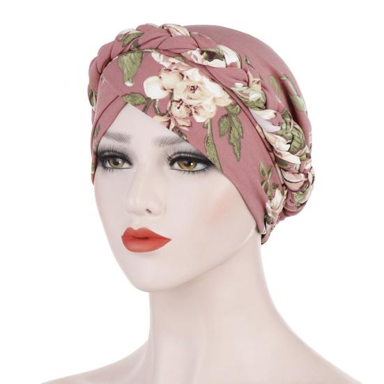 Women Headwrap Flower Print Braid Lady Stretchy No Brim Indian Hat for Four Seasons