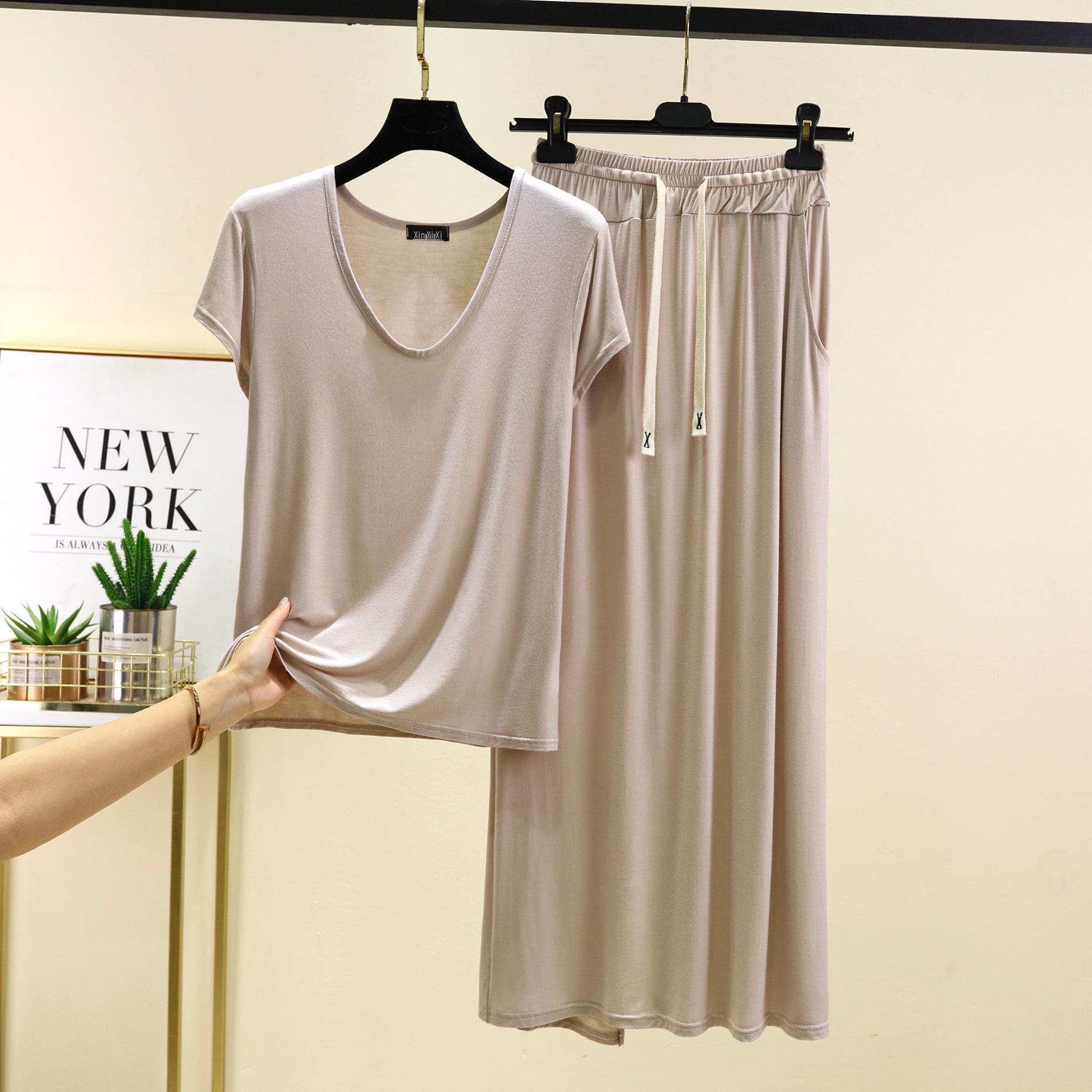 

Модальный топ с коротким рукавом и круглым вырезом и миди-юбка с манжетами по низу - Новый летний комплект двойка большого размера Double Extra Large