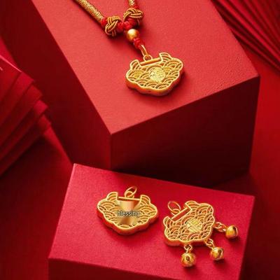 Brass Gold-Plated Filigree Longevity Lock Necklace with Auspicious Cloud Pendant