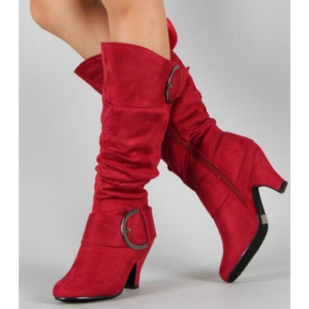 Herbst- und Winter-Stiefel mit Gürtelschnalle, mittelhohem Absatz, hohem Schaft, matt, für Damen 40-43