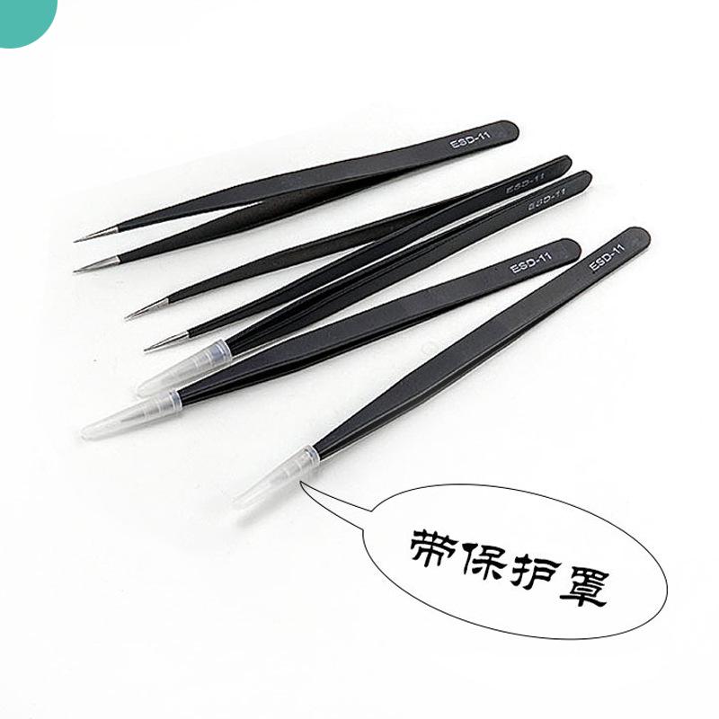 1.0mm Stainless Steel Antistatic Tweezers Set - 6-in-1 Pouch with Pointed & Bent Tip for Nail Art, Eyelash Extensions, and Hair